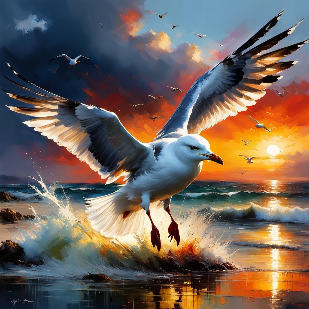 Seagull Landing at Sunset: Matte Painting