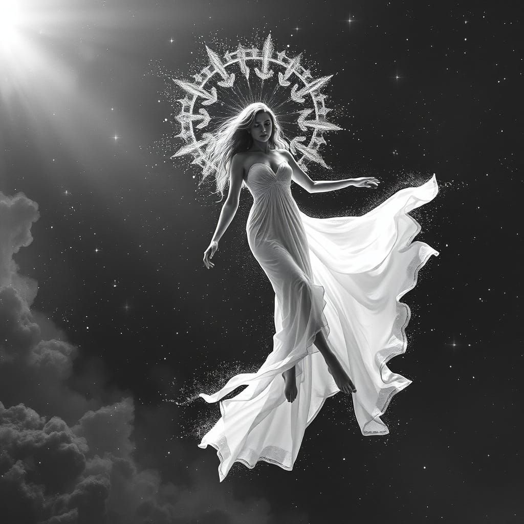 Surreal Goddess in Celestial Dreamscape with Soft Stardust H...
