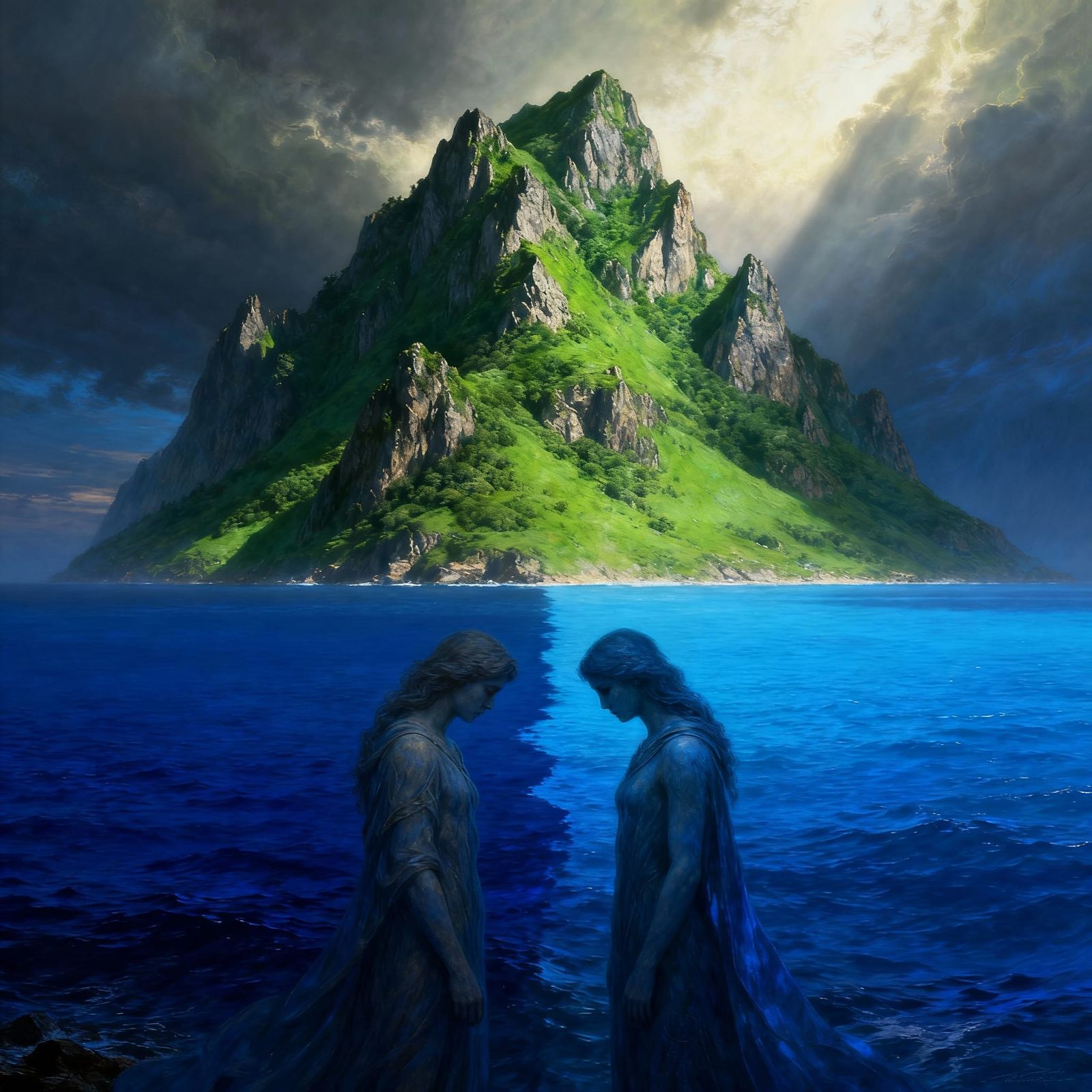 Mountain and Sea Siblings Yearning in Symbolic Art Style