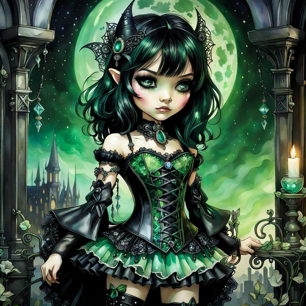 DARK FANTASY gothic black hair with green streaks bangs and emerald eyes chibi witch in low cut corset lace and leather,...
