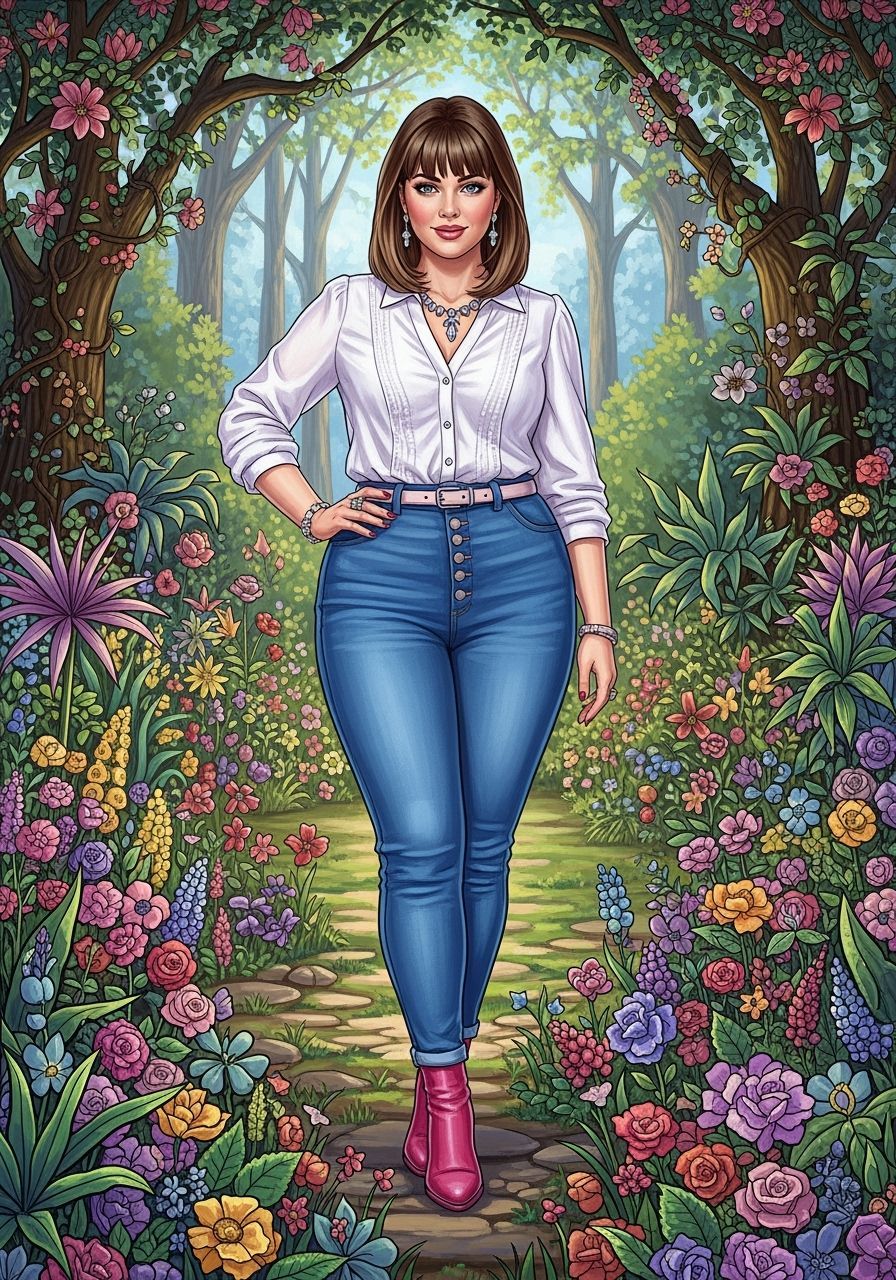 Woman in Skinny Jeans in Whimsical Garden Oil Painting
