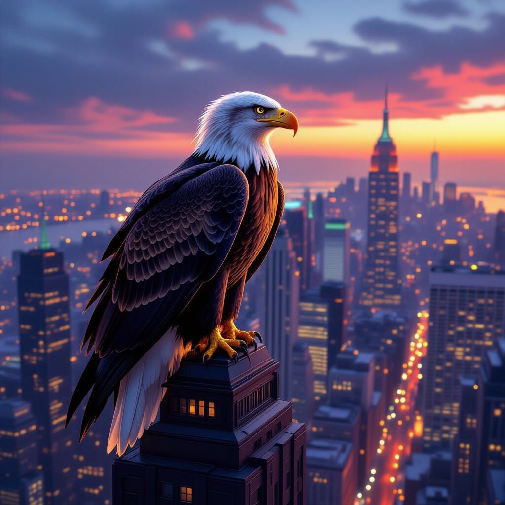 Golden Eagle Over Neon Metropolis at Dusk