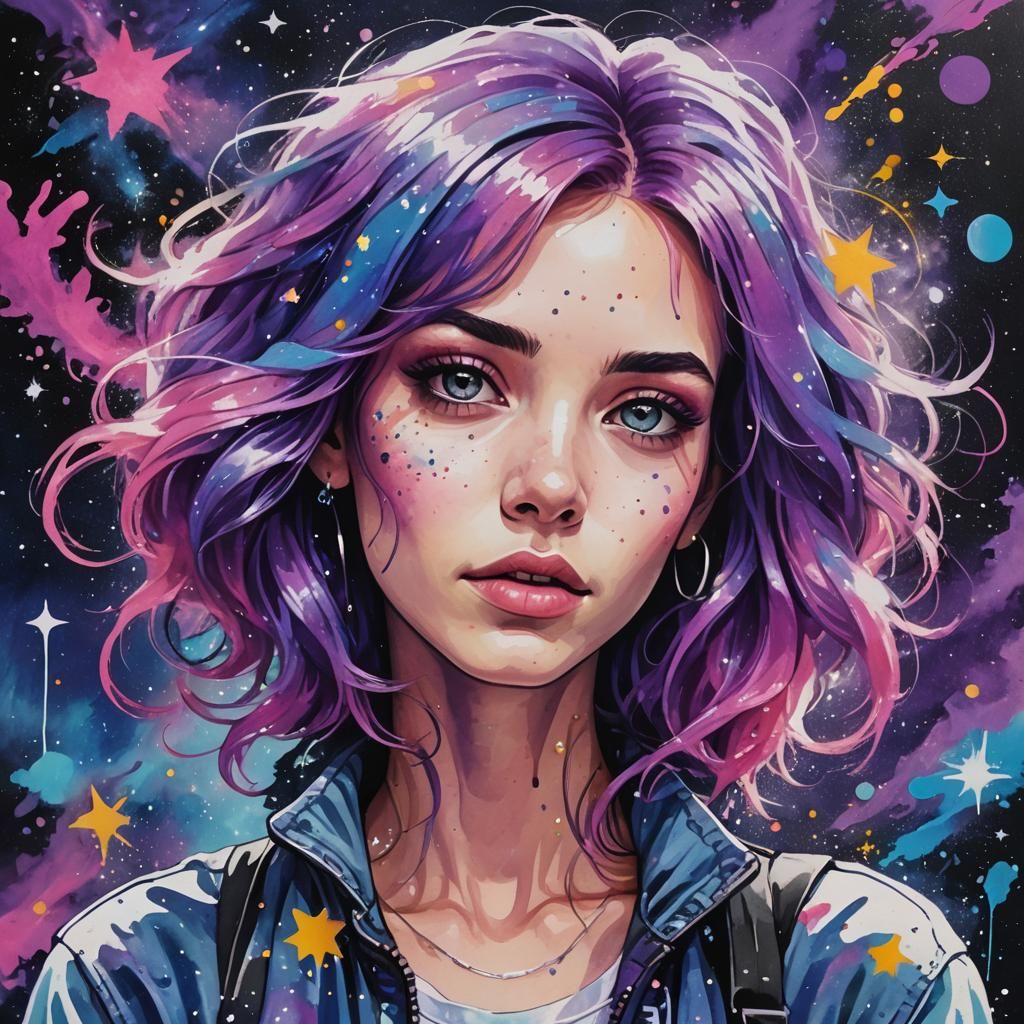 Ethereal Woman with Galaxy Hair in Spray Paint Art