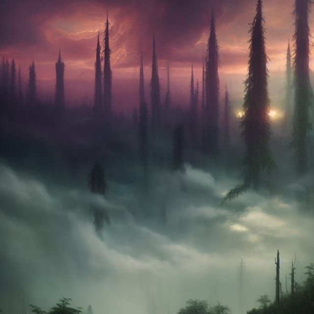 Ethereal Twilight Woods in Green Mist: Digital Painting