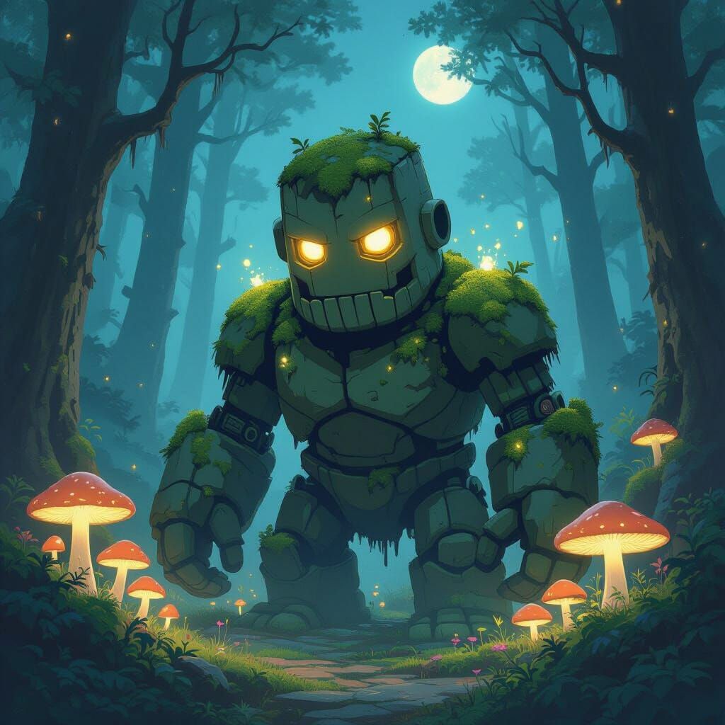 Moss Golem Awakens in Bioluminescent Forest