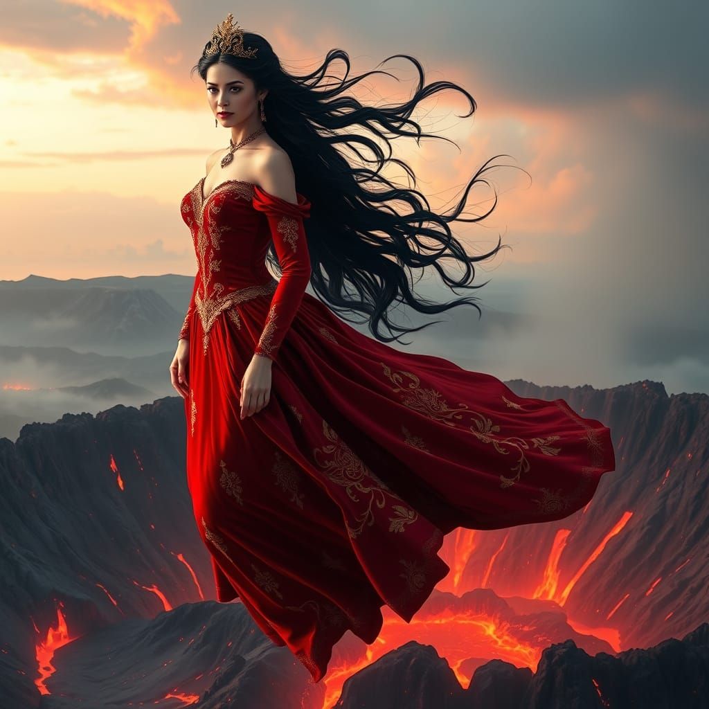 Fantasy Princess in Fiery Volcanic Landscape