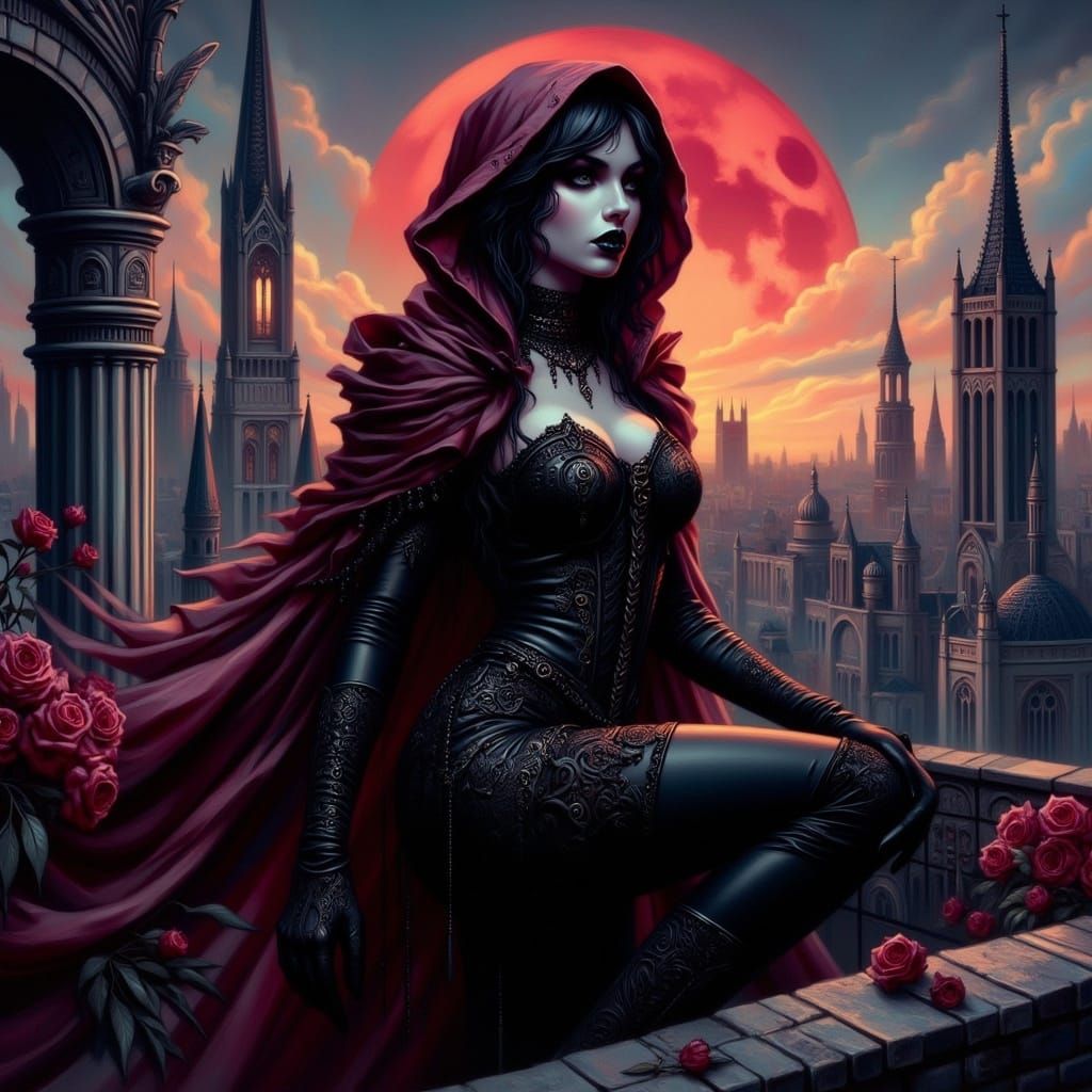 Gothic Vampire Assassin on Cathedral at Dusk