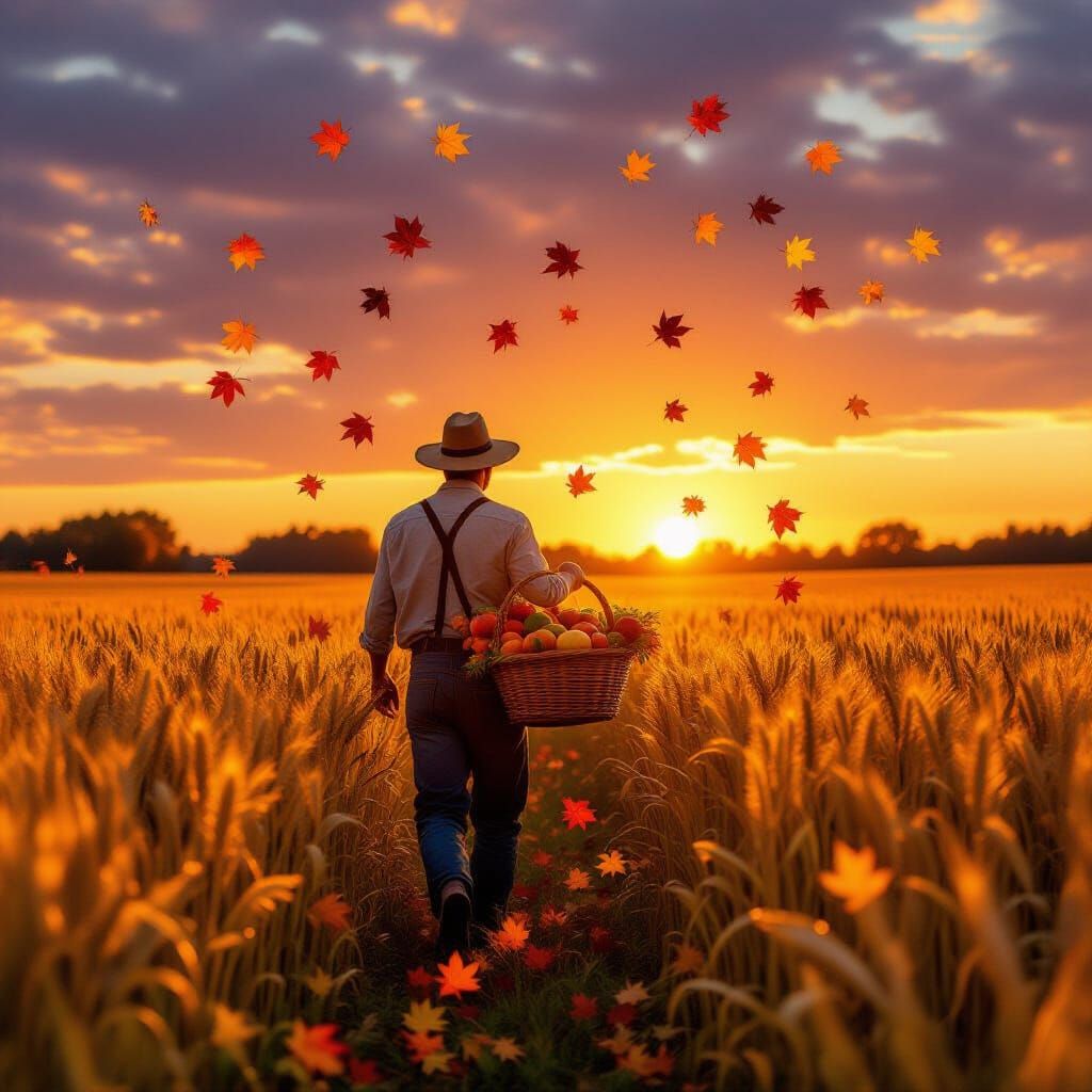 Epic Autumn Harvest Sunset with Farmer and Pumpkins