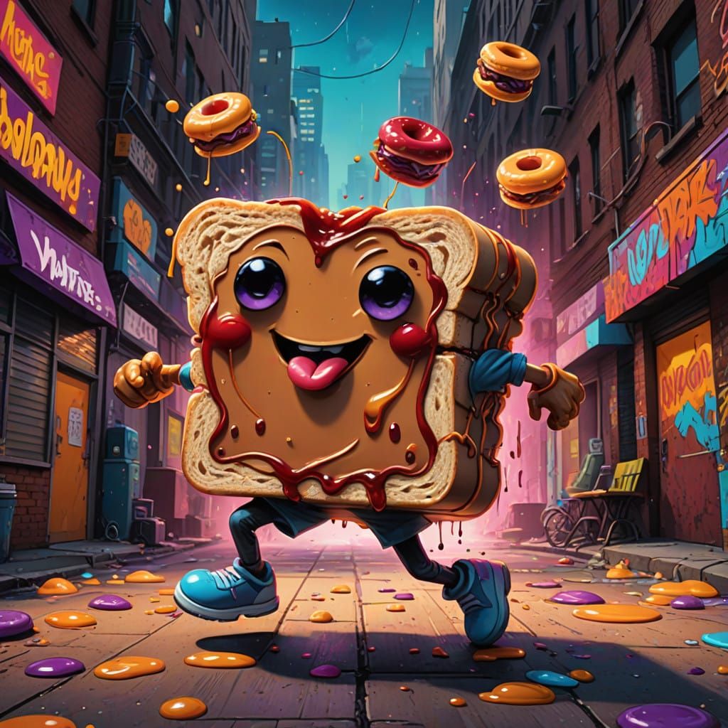 Whimsical Anthropomorphic Peanut Butter and Jelly Sandwiches...