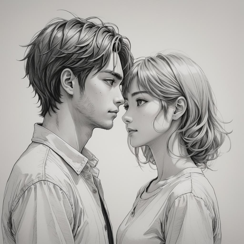 Anime Couple Portrait in Pencil Drawing Style