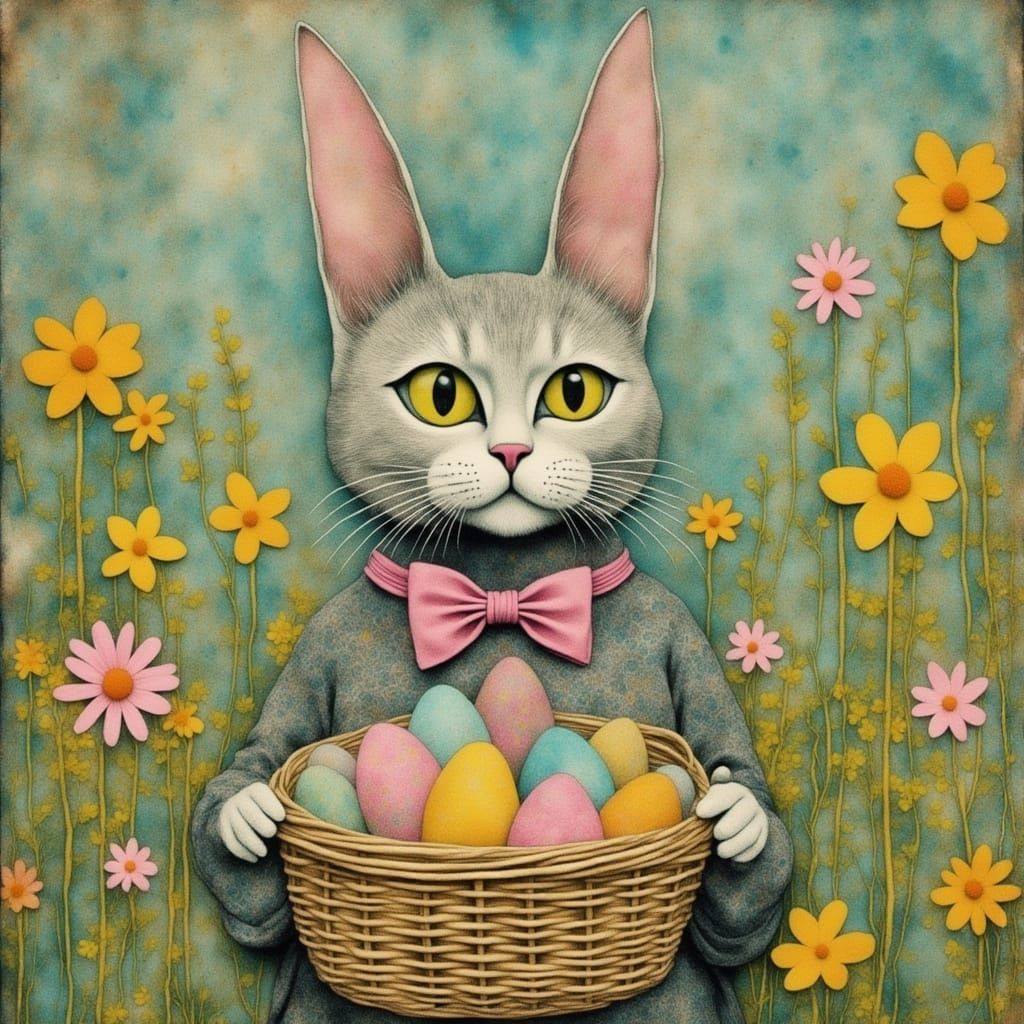 Pastel Easter Bunny Levkoy Cat with Woven Basket