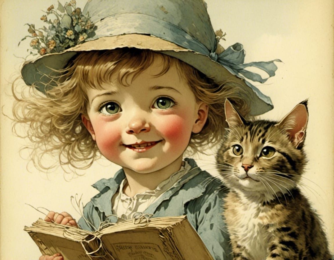 Joyful Toddler Receives Kitten Gift: Vintage Illustration