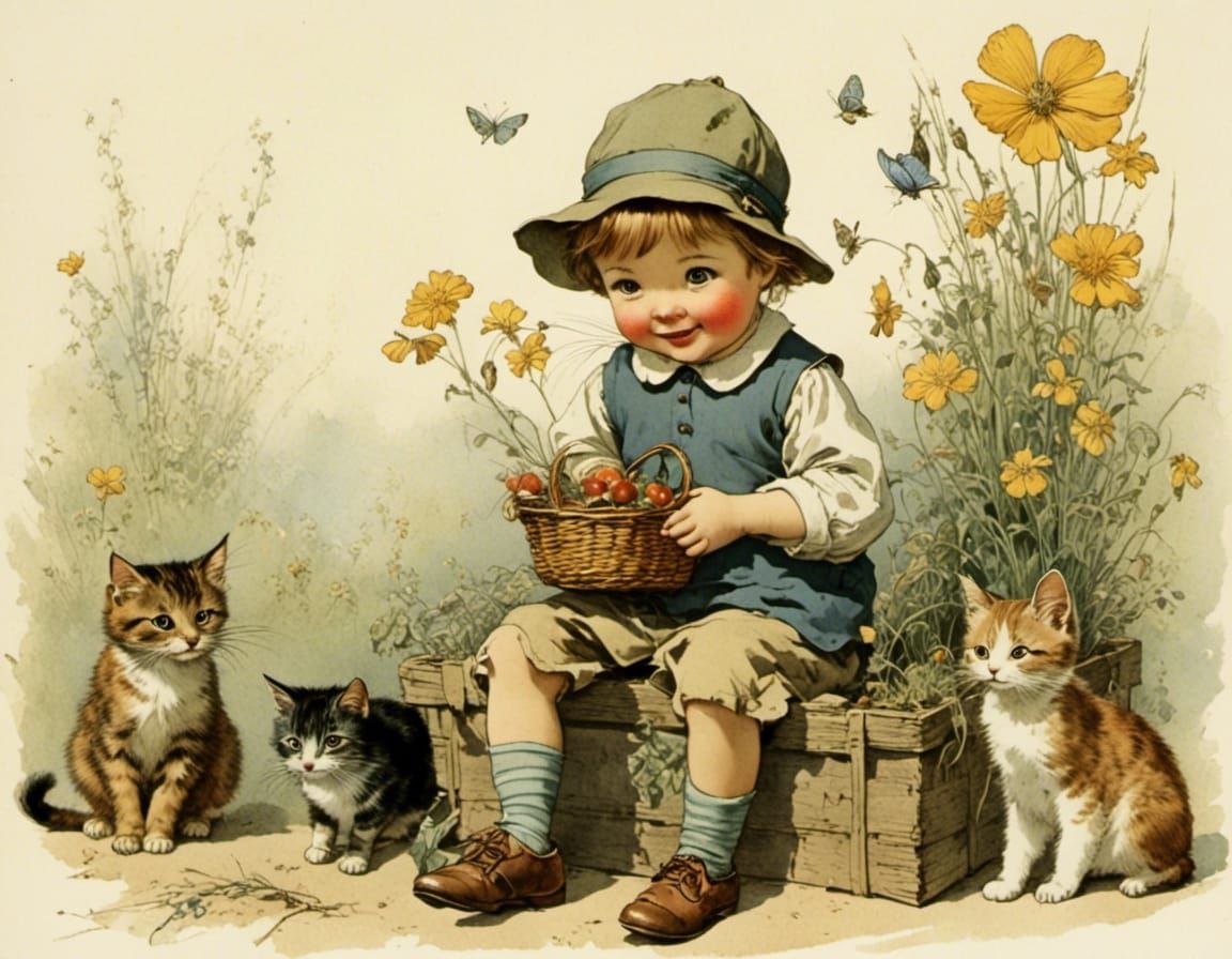 Joyful Toddler Receives Feline Gift in Whimsical Art