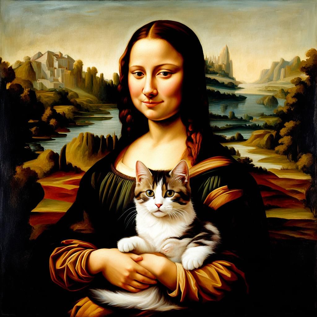 Mona Lisa Cradles Kitten in Renaissance Portrait