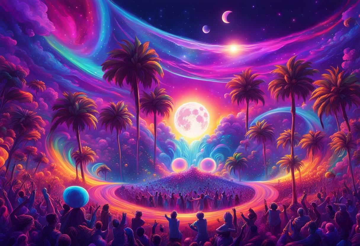 Iridescent Rave Party in Dreamlike Psychedelic Art