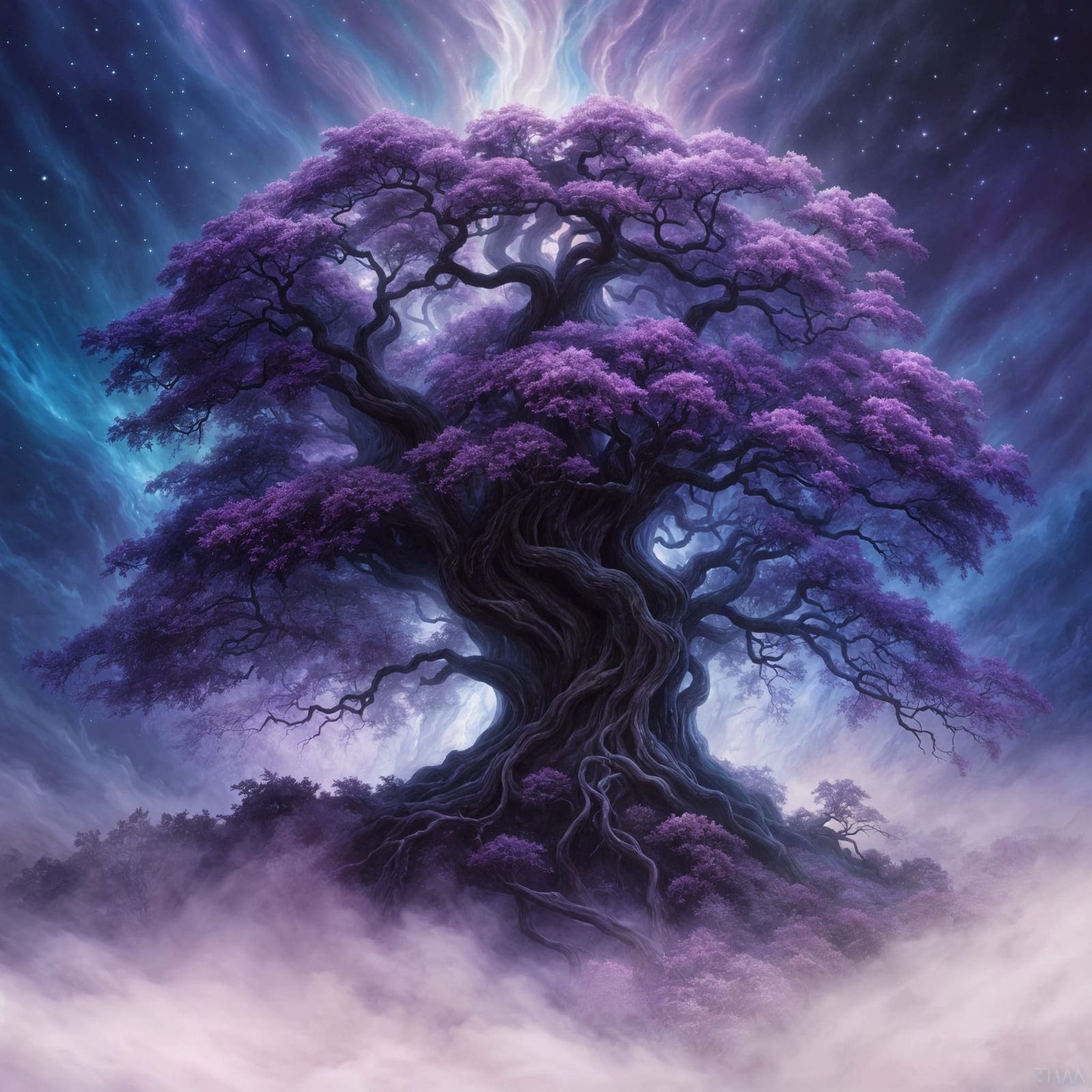Enchanted Magical Tree Illuminated by Nighttime Arcane Magic