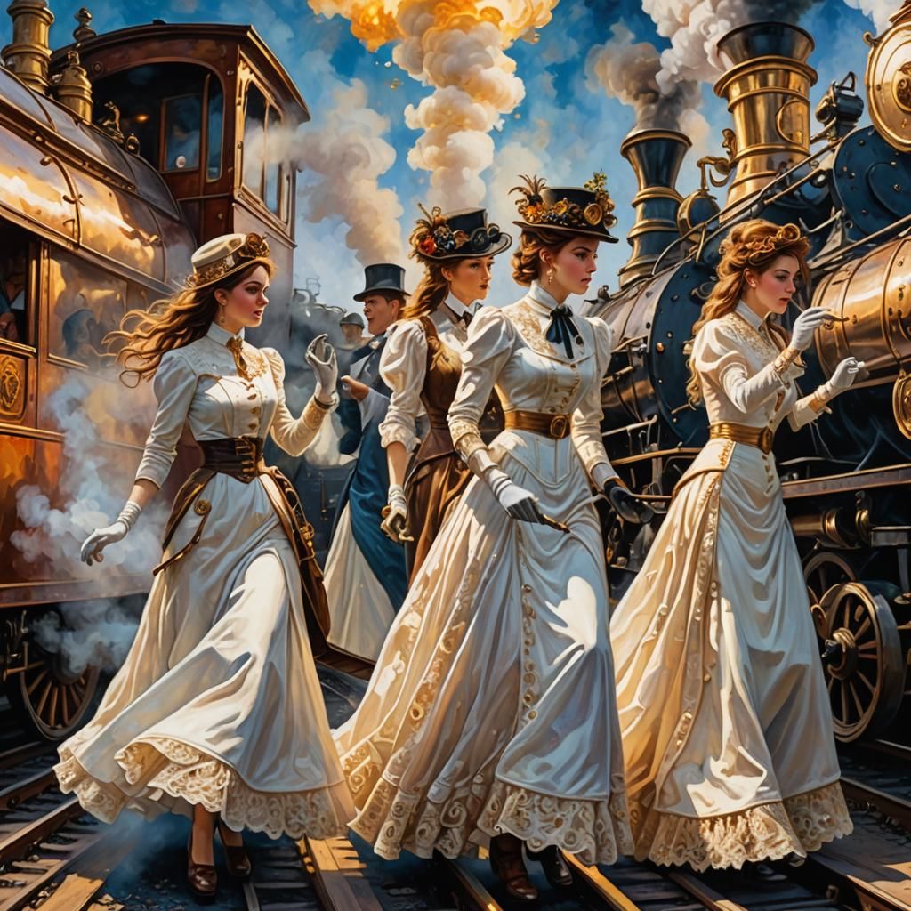 Steampunk Women Boarding Steam Train in Oil Painting