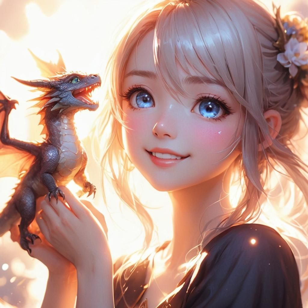 Woman Holding Dragon: Anime Art Portrait