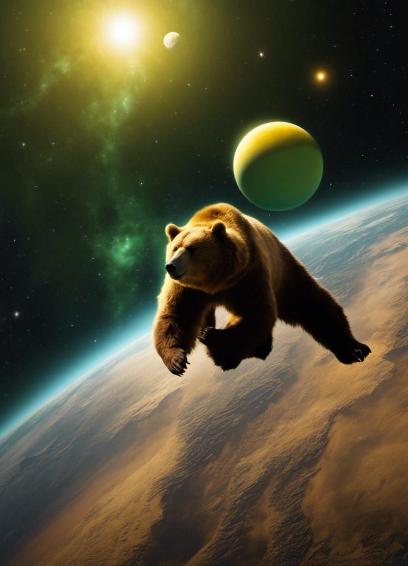 3D Obese Bear Gazing at Emerald Gas Giant