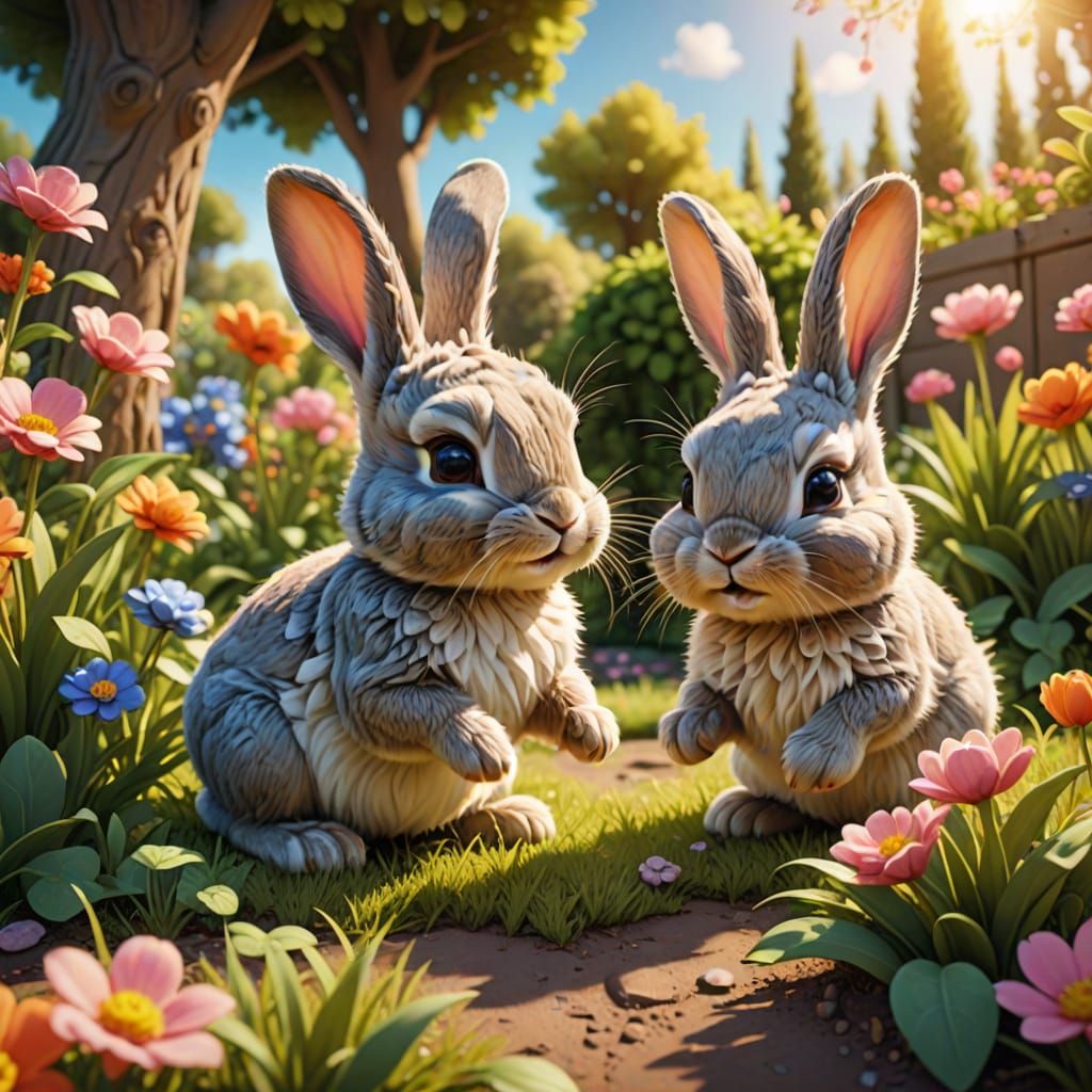 Cartoon Baby Bunnies in Whimsical Garden Scene