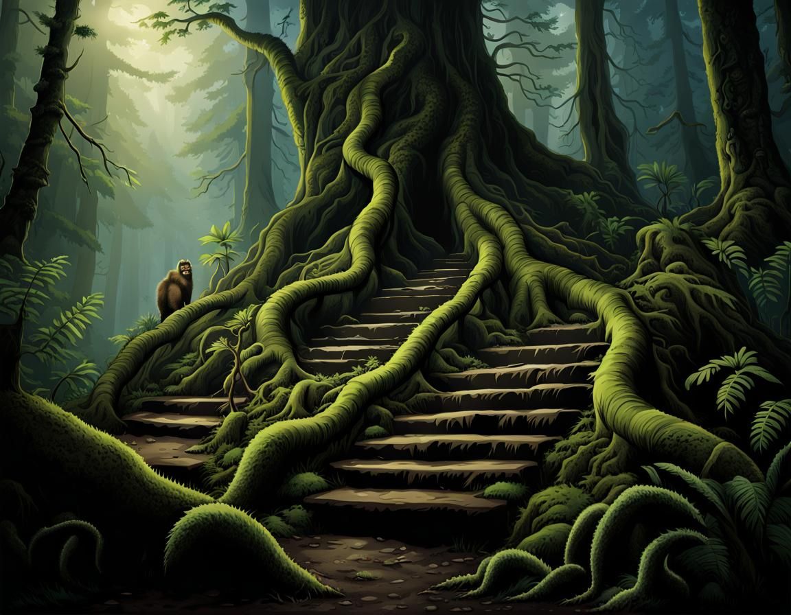 Storybook Rainforest Stairway With Hidden Sasquatch