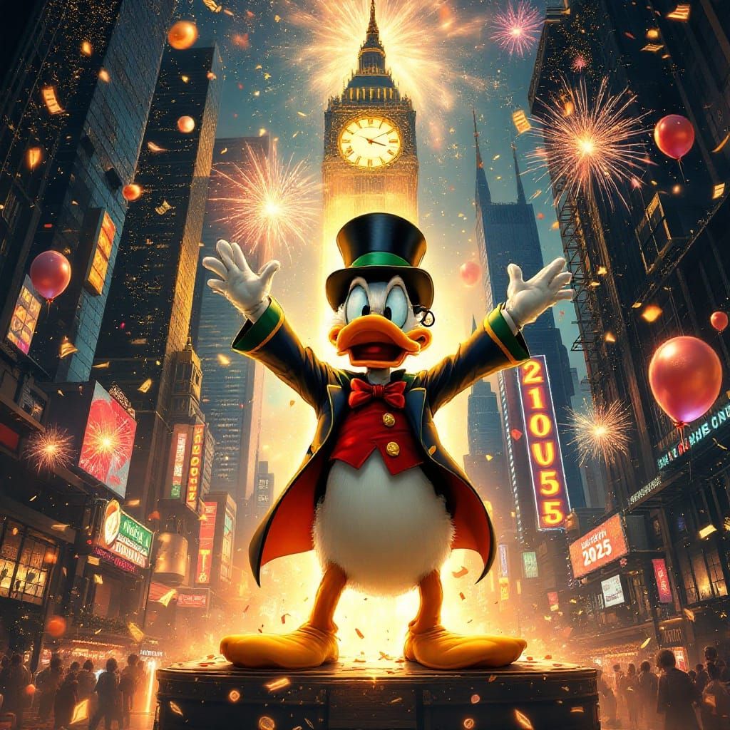 A festive -themed scene with Scrooge McDuck in an epic Silve...