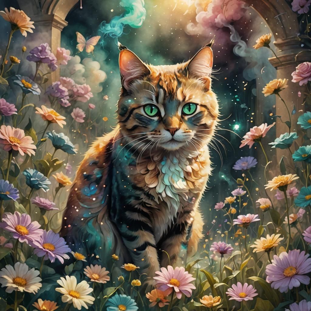 Whimsical Cat Sniffs Flowers: Watercolor Fantasy Art