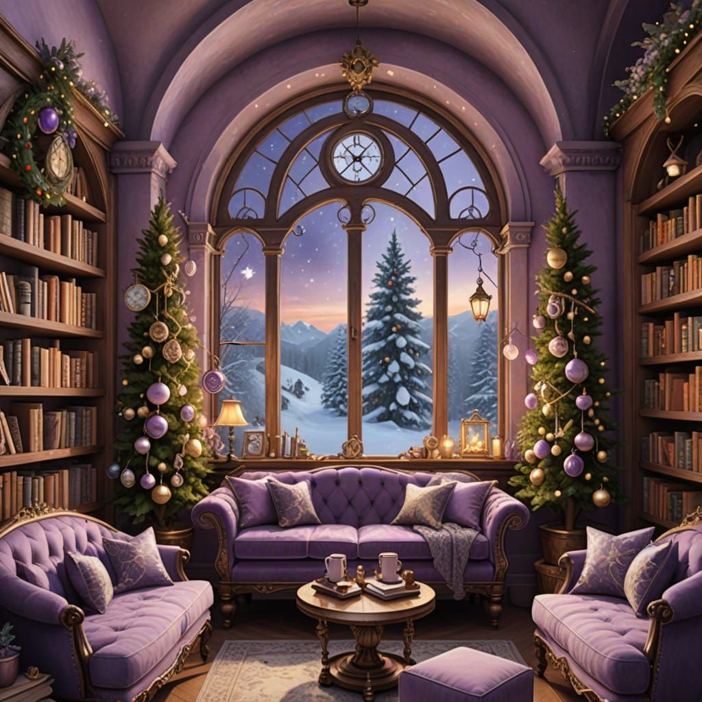 Whimsical Winter Library in Lavender Tones, Steampunk Style