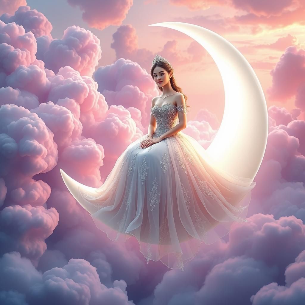 Dreamlike Princess on Moon with Vibrant Clouds