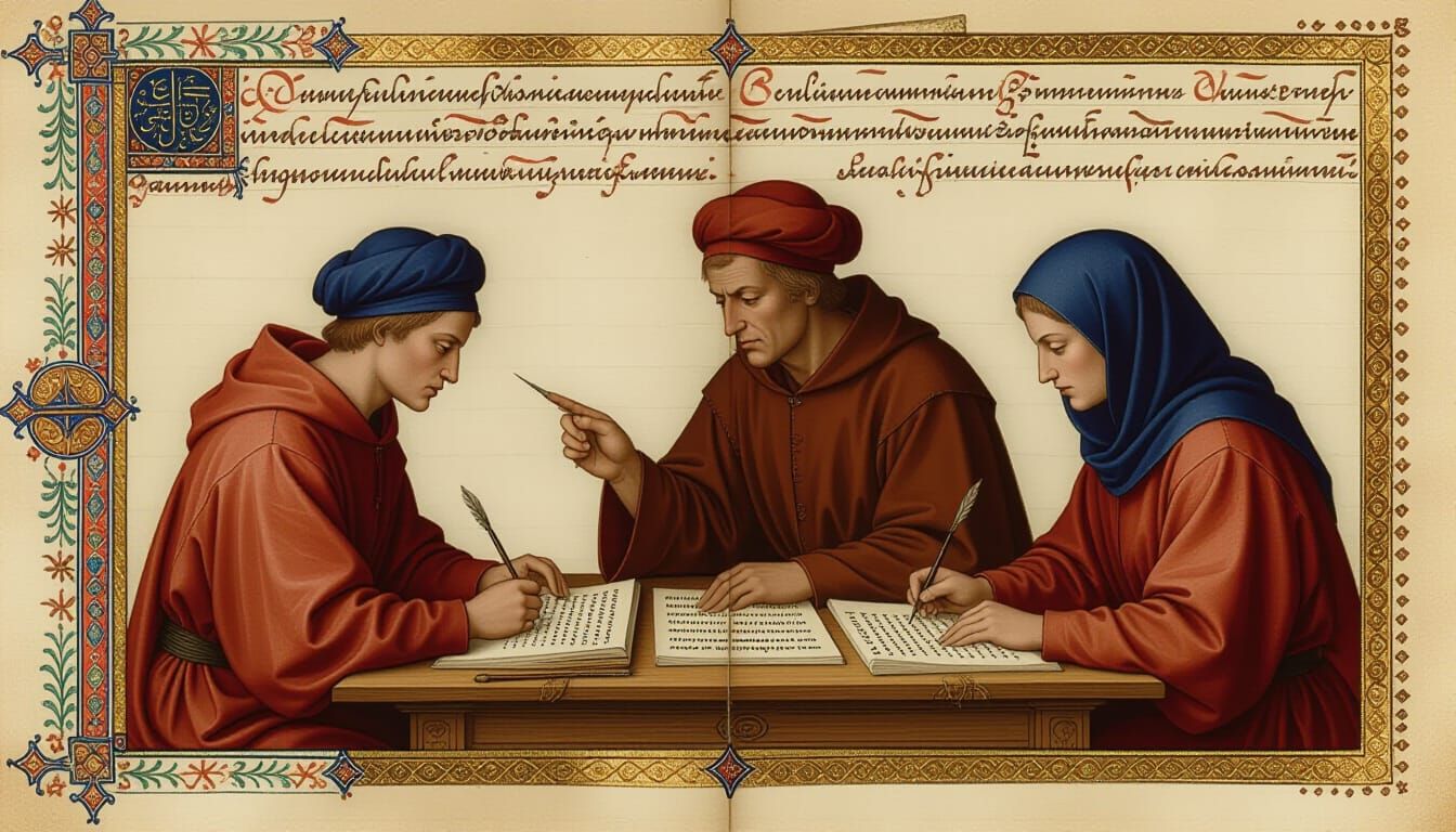 Young Scribes Practicing Writing in Late 15th Century Settin...