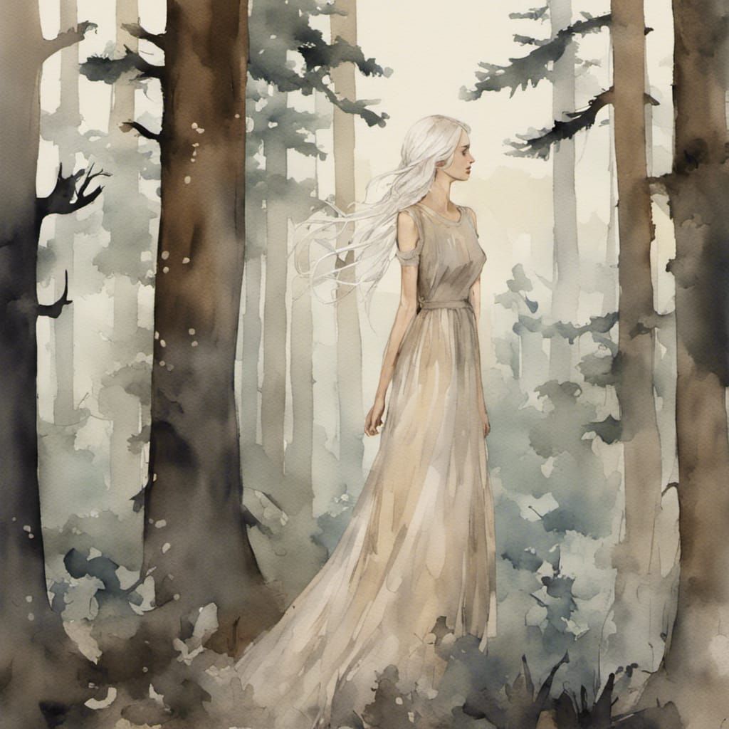 Ethereal Maiden Floats in Pinewood Forest in Watercolor Styl...