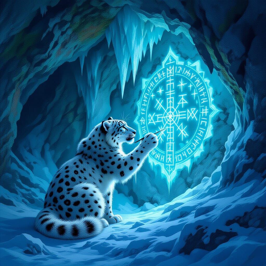 Snow Leopard Sketches Runes in Bioluminescent Cave