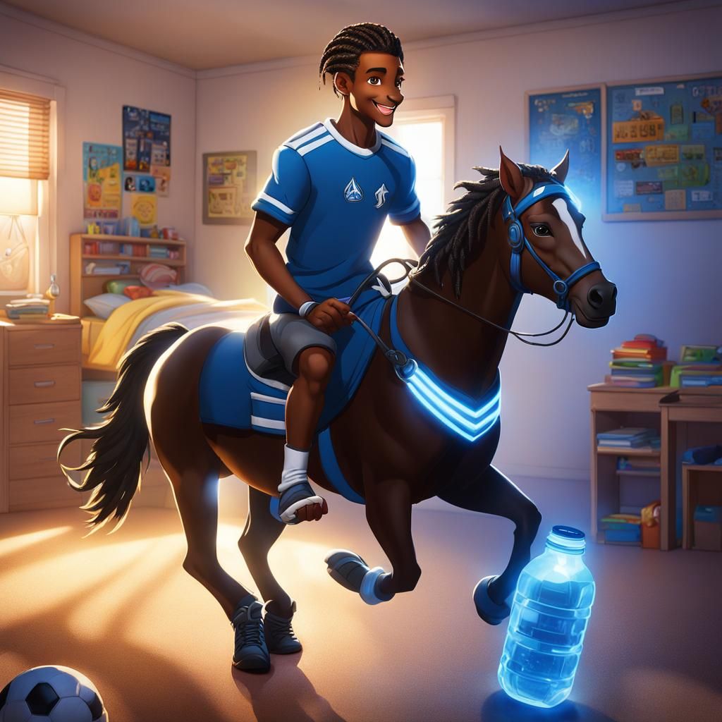 Smiling Centaur Teen Plays Soccer in Dorm