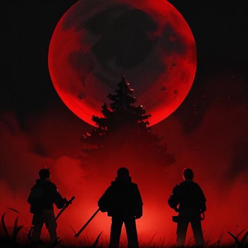 Dramatic Silhouette: Figures Watching a Red Moon
