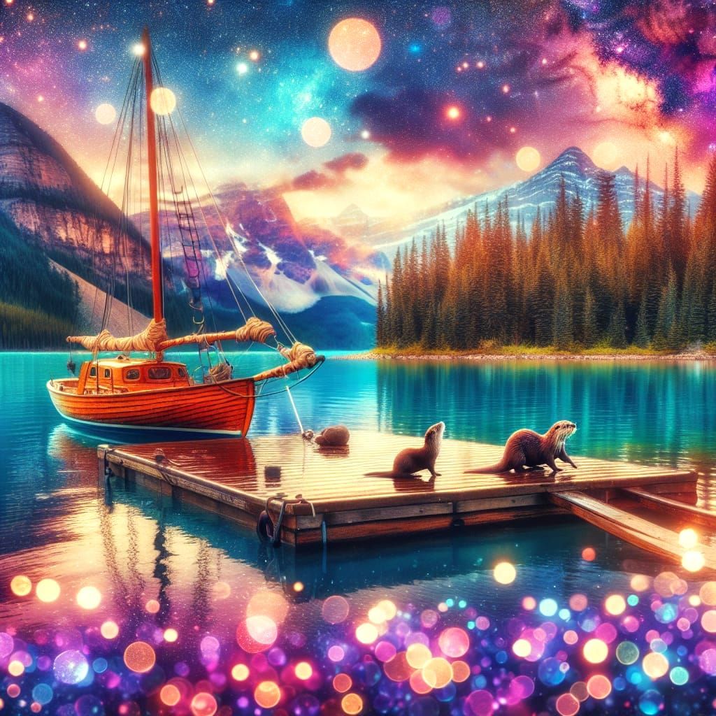 Magical Photorealistic Painting of a Wooden Sailboat in a Se...