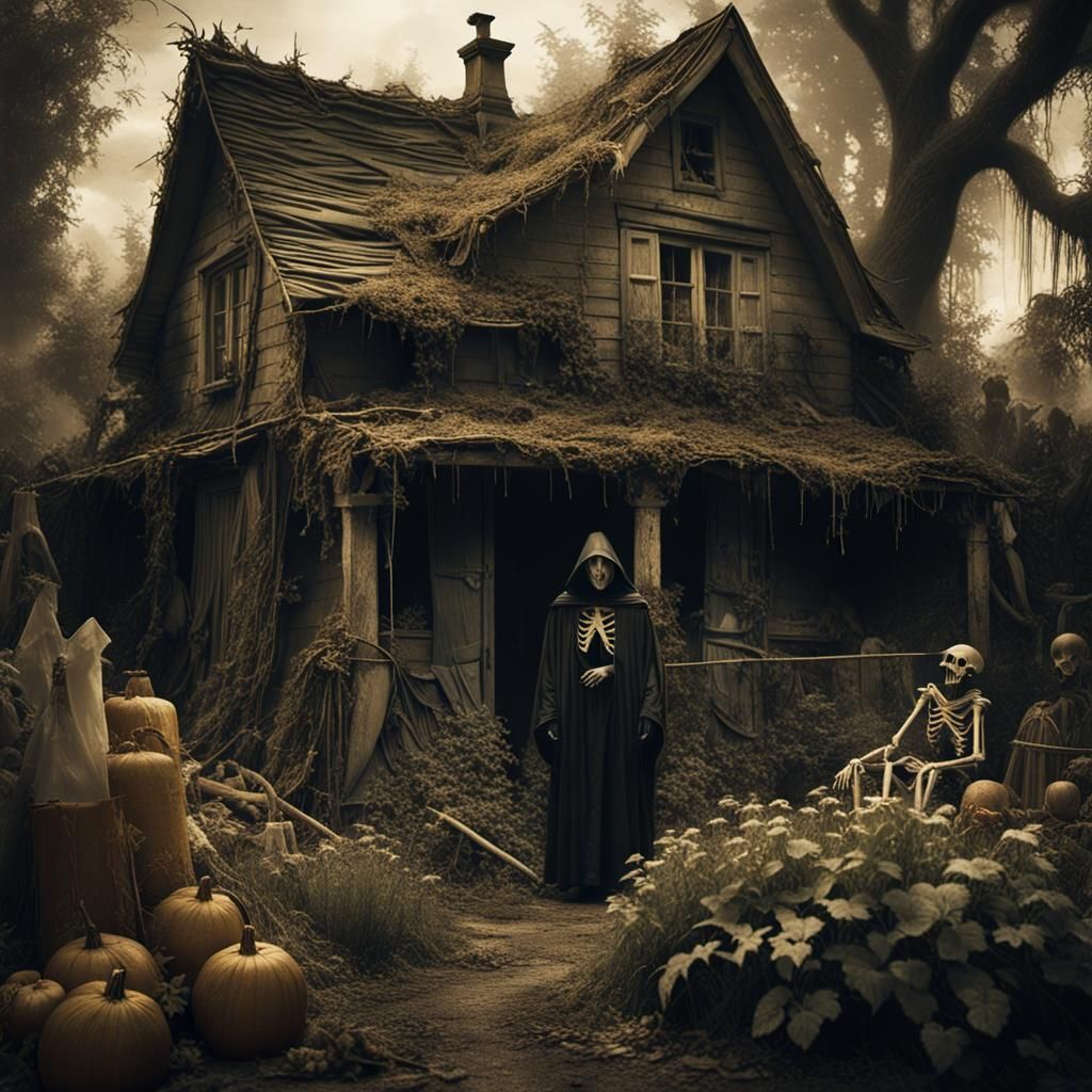 Spooky Halloween Cottage with Grim Reaper