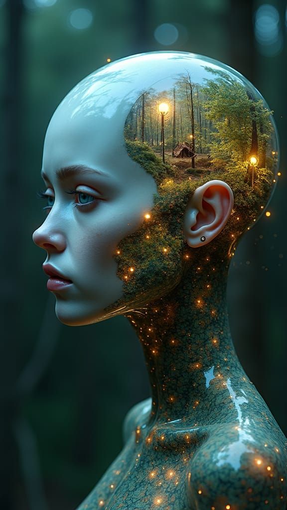 Cyberpunk Humanoid with Woodland Ecosystem Head
