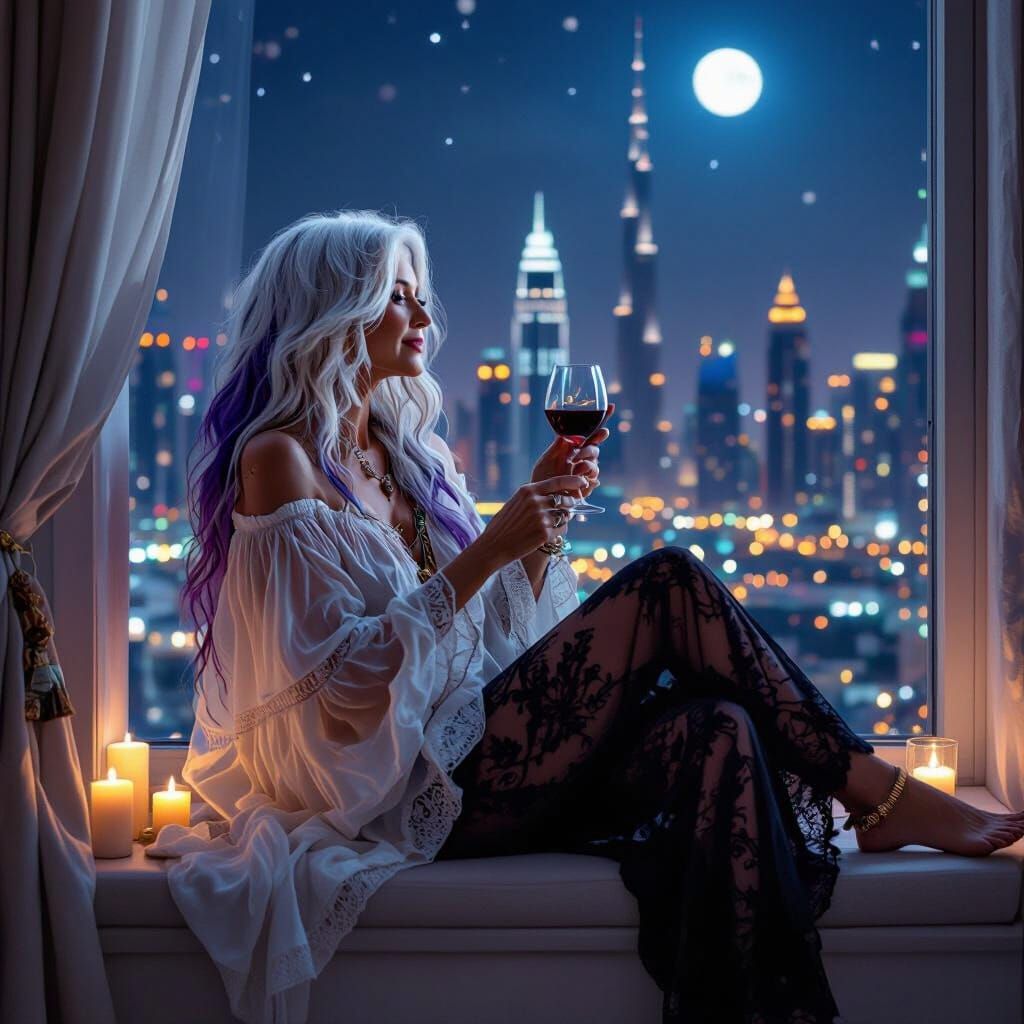 Bohemian Woman Gazing at Dubai Skyline