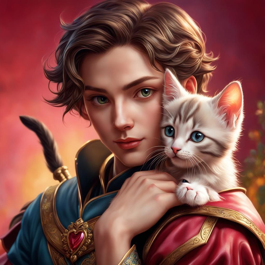 Knave of Hearts Portrait with Kitten in Hyperrealism