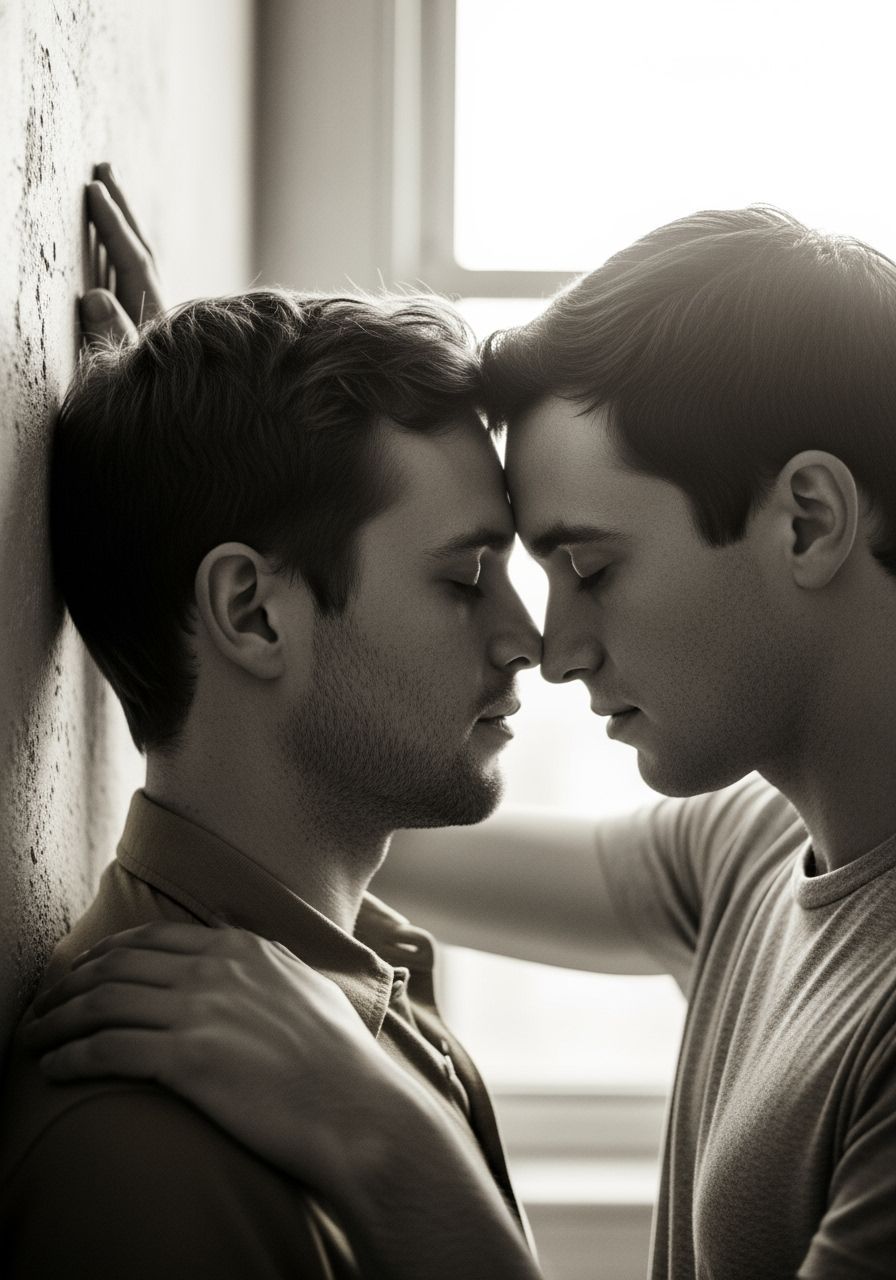 1960s Black and White Photo: Two Men Tenderly Touching Foreh...