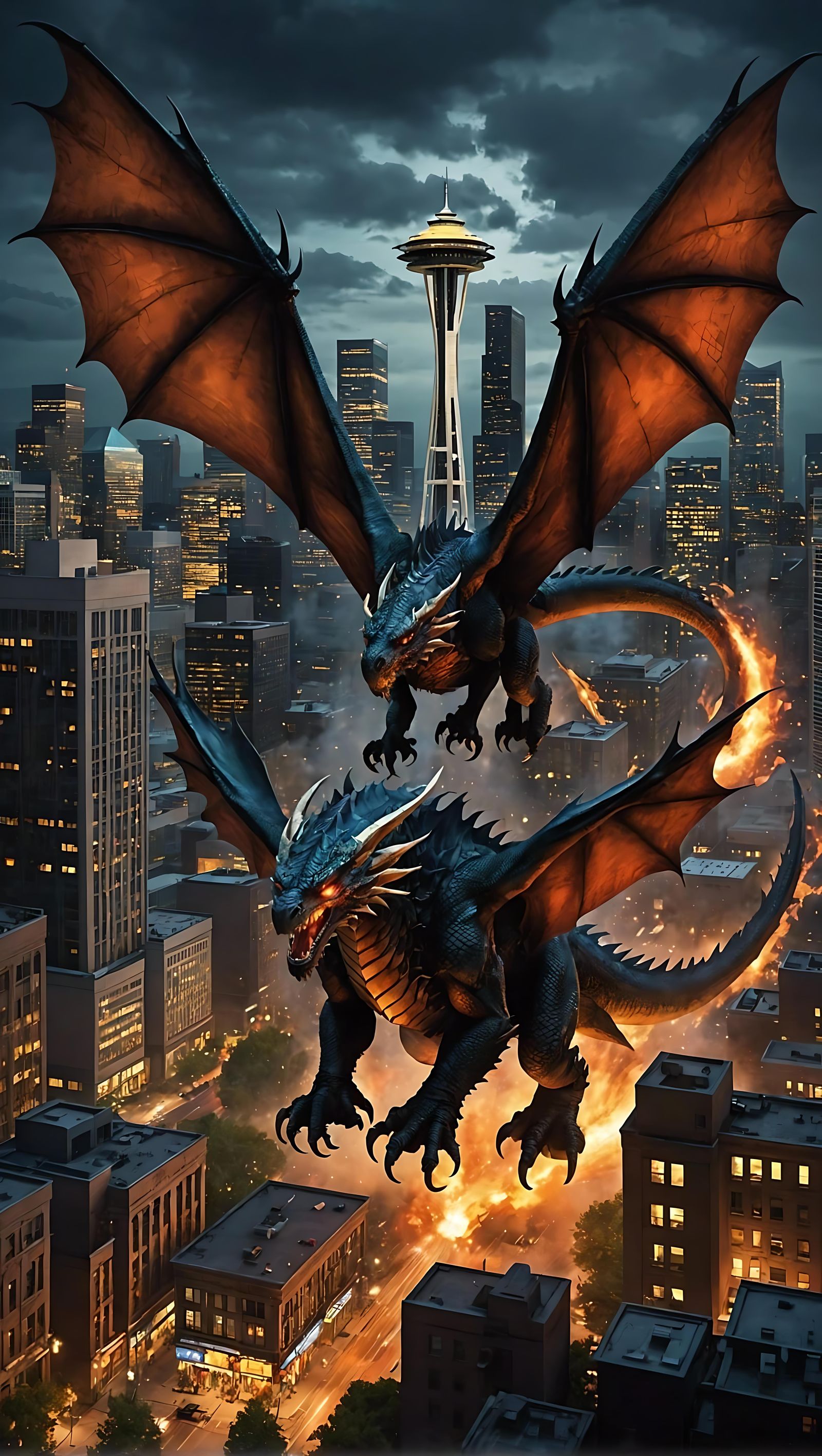 Seattle Skyline Under Siege: Mythical Battle in Dark Fantasy...