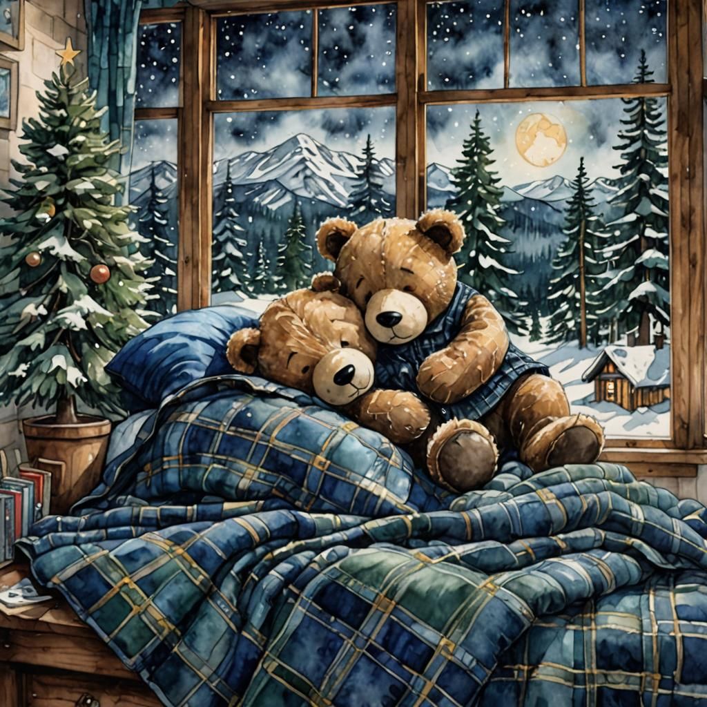 a boy asleep in his bed hugging a large teddy bear, blue pla...