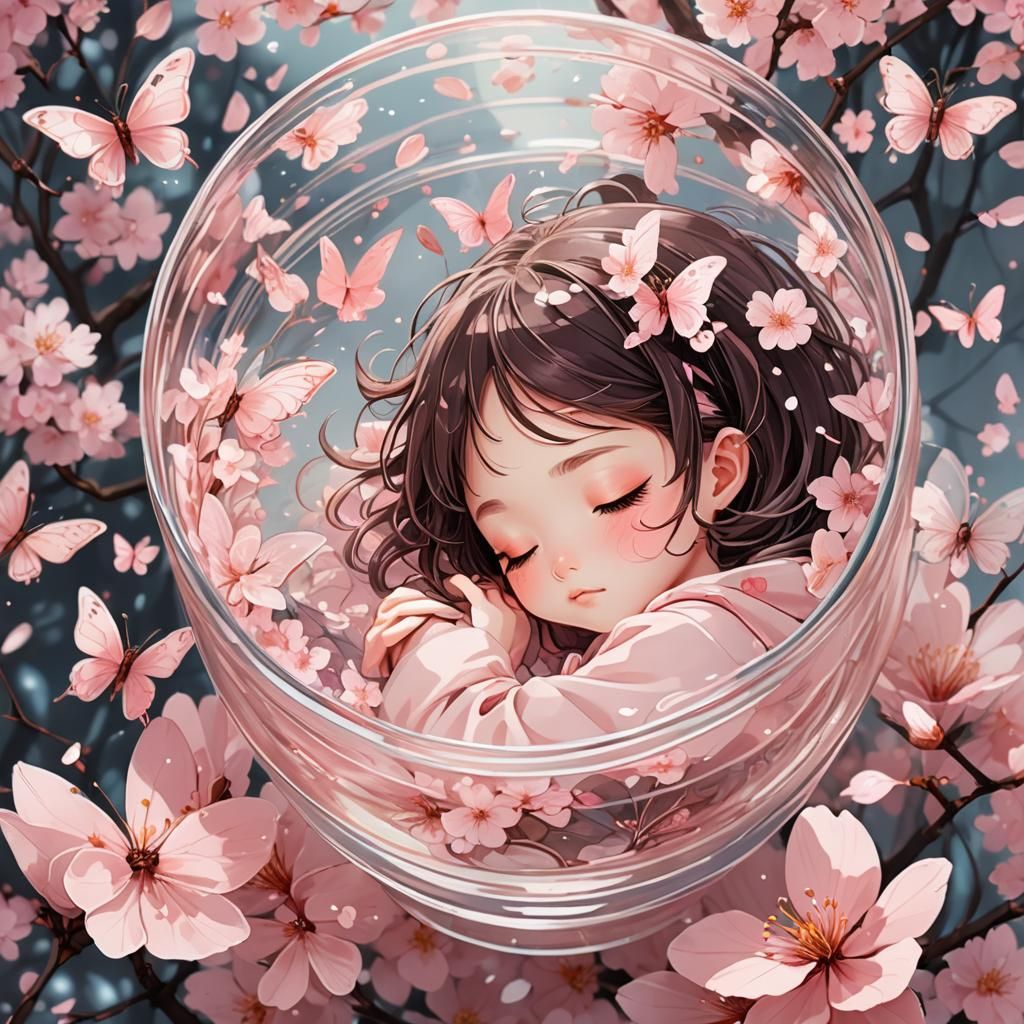 Girl Sleeping in Sakura Flower: Anime Still Life
