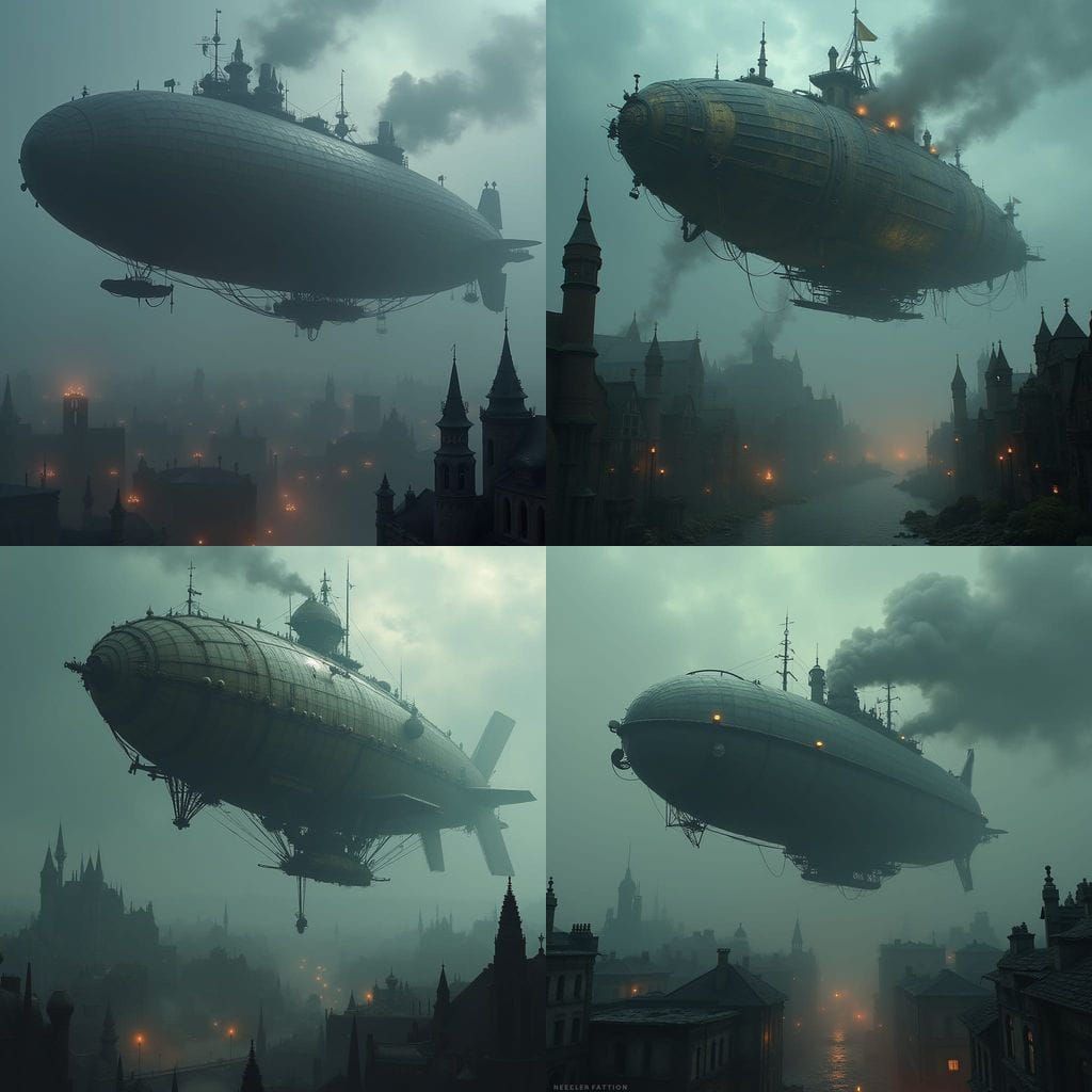 Steampunk Airship Over Gloomy Medieval City