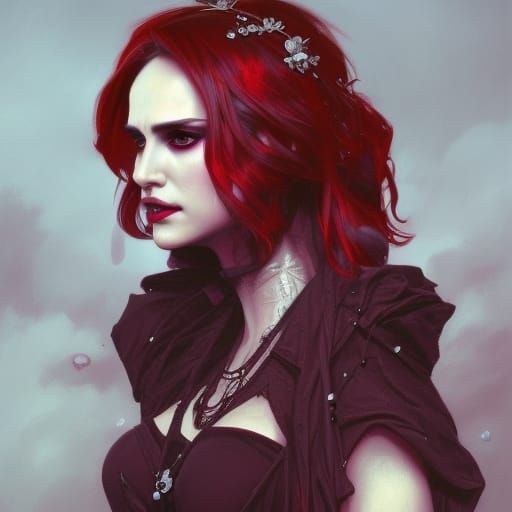 Gothic Red Witch Portrait in Art Nouveau Style