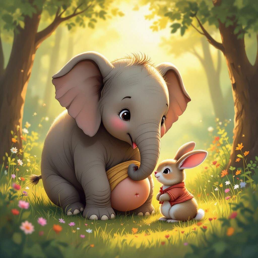 Gentle Elephant and Rabbit in Whimsical Forest