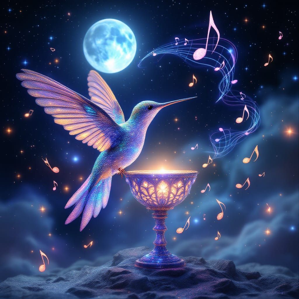 Celestial Hummingbird with Swirling Music Notes