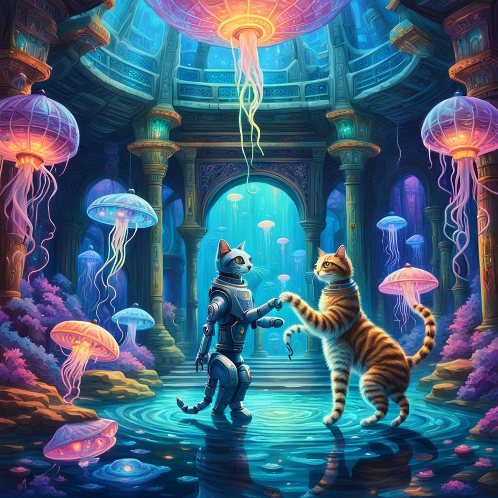 Robot Cat Couple Exchange Vows in Whimsical Underwater Templ...
