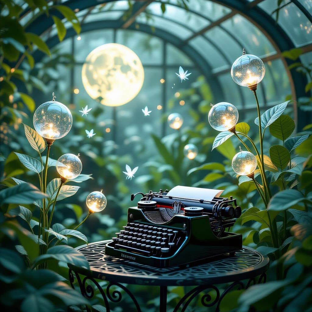 Enchanted Glass Greenhouse with Luminous Plants and Sprites