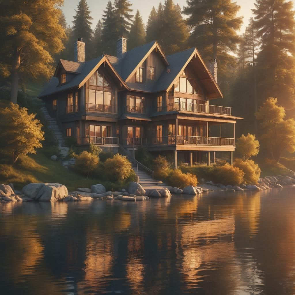 Hyperrealistic Lake House at Sunset Digital Painting